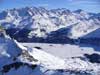 Lago di Sils, Val Fex e Fedoz. Da SX il Bernina, il Piz Roseg. a DX il Tremoggia con il suo ghiacciaio.