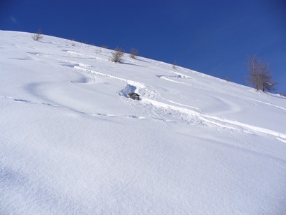 Beba scende a fatica lungo le tracce.